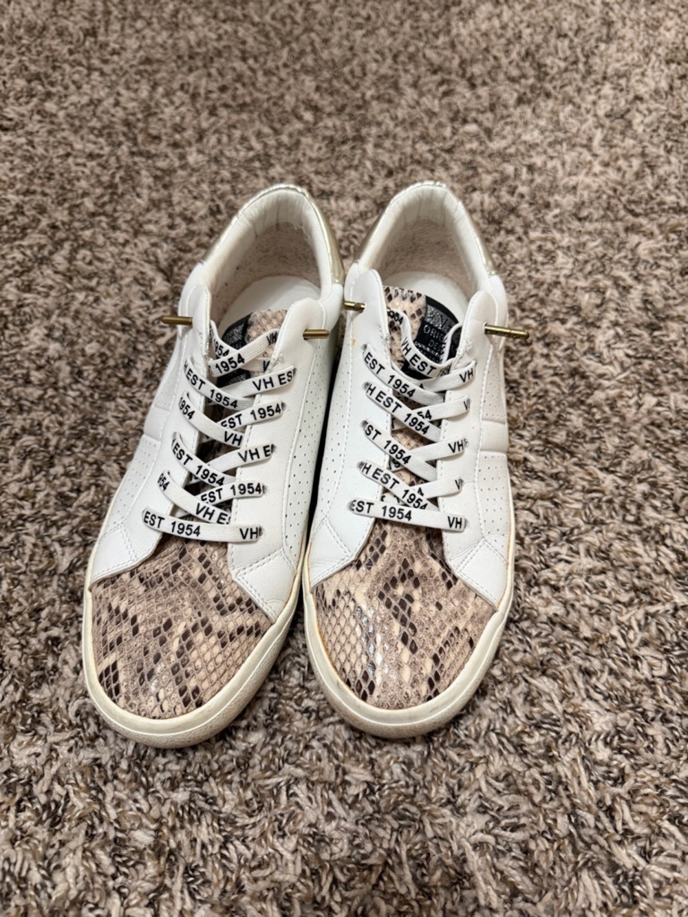 Vintage Havanas snake print & White Sneakers with Metallic Gold Heel Accent